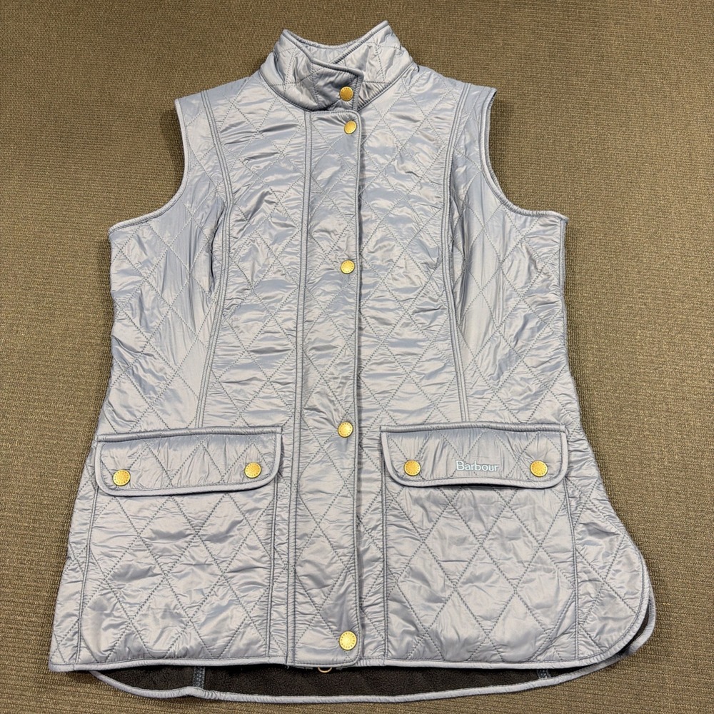 Barbour Otterburn Gilet Vest Jacket Womens Blue Quilted Diamond Snap Front Zip 8